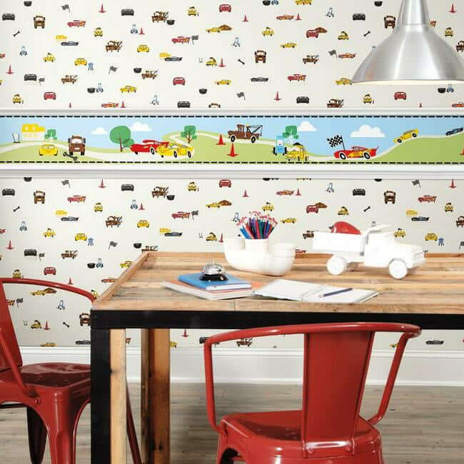 disney-pixar-cars-racing-spot-cream-wallpaper-york-wallcoverings-di0922 - York Wallpaper Wallpaper