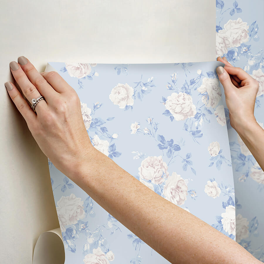 everblooming-rosettes-whisper-blue-cabbage-rose-bouquets-peel-and-stick-wallpaper-york-wallcoverings-lfs6490 - York Wallcoverings Wallpaper