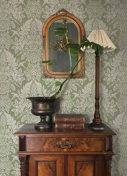 Finch Light Green Woodland Damask Wallpaper - York Wallcoverings - 4173-27620