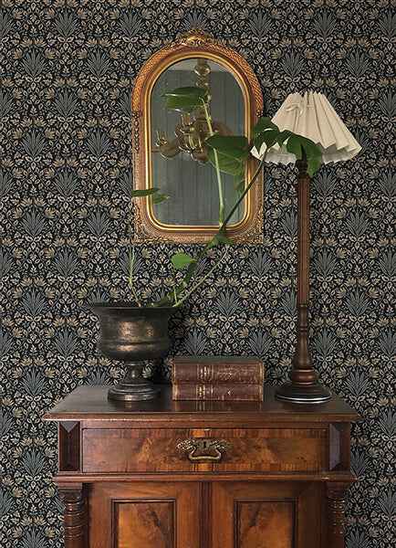 Woodbury Black Floral Damask Wallpaper - York Wallcoverings - 4173-27630