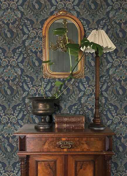 Collins Teal Damask Wallpaper - York Wallcoverings - 4173-27653