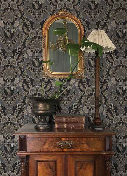 Collins Charcoal Damask Wallpaper - York Wallcoverings - 4173-27654