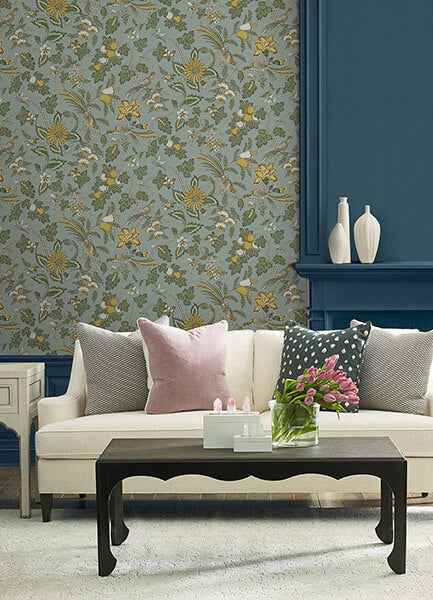 Parterre Light Blue Jacobean Wallpaper - York Wallcoverings - VP1315 - York Wallcoverings Wallpaper
