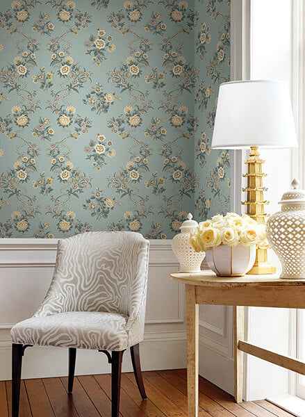 Genevieve Harbor Blue Floral Trail Wallpaper - York Wallcoverings - VP1422 - York Wallcoverings Wallpaper