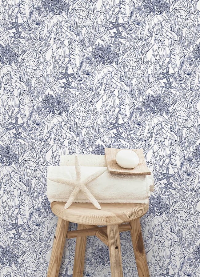 under-the-sea-navy-blue-peel-and-stick-wallpaper-york-wallcoverings-nus6494 - York Wallcoverings Wallpaper