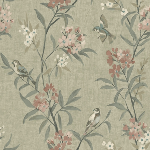 Tea Olive Green Finch Frolic Wallpaper - York Wallpaper - 4169-83138