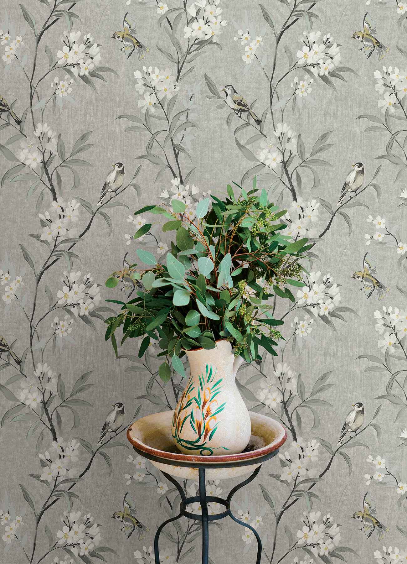 Tea Olive Gray Finch Frolic Wallpaper - York Wallcoverings - 4169-83141