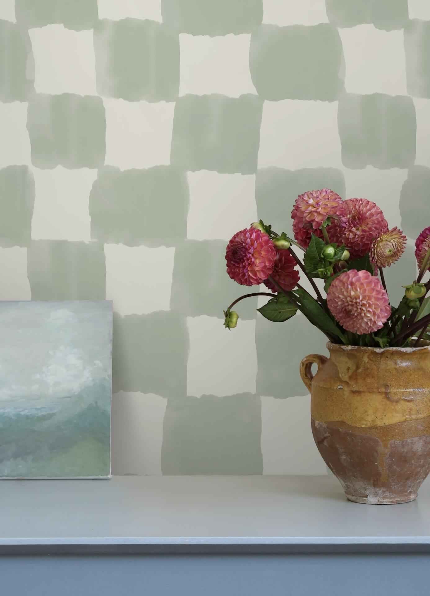 Tess Watercolor Checker Sage Green Peel - York Wallcoverings - RMWS1316 - York Wallcoverings Wallpaper