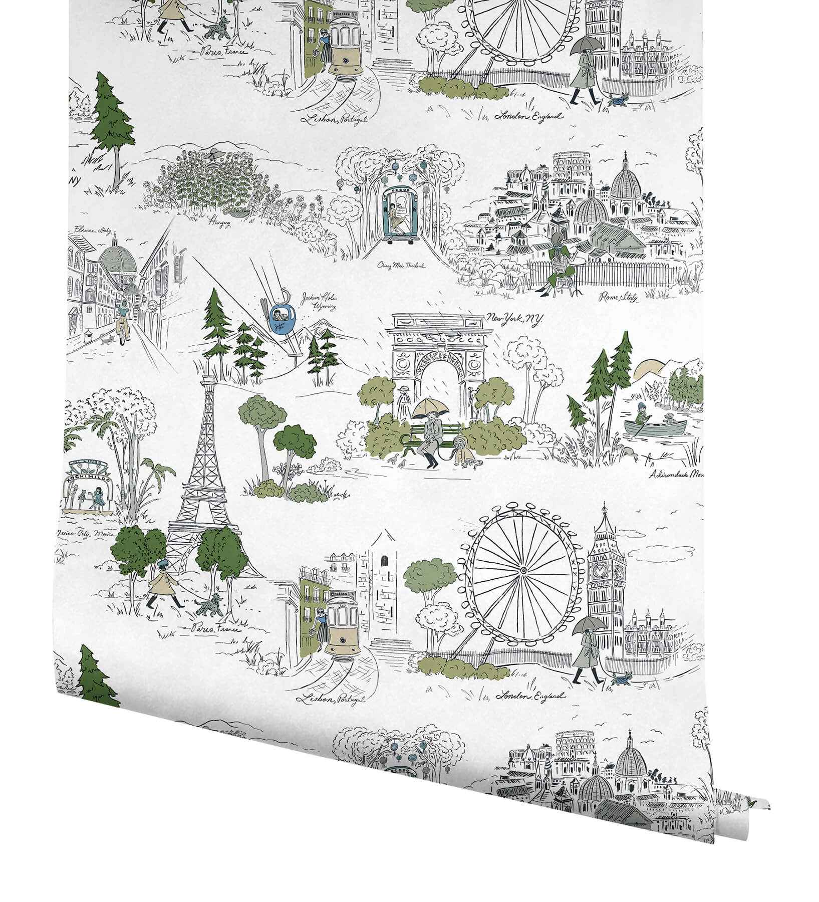 Travel Sketches Blue Globetrotter Premium Peel + Stick Wallpaper - York Wallcoverings - PSW1682RL - York Wallcoverings Papel pintado