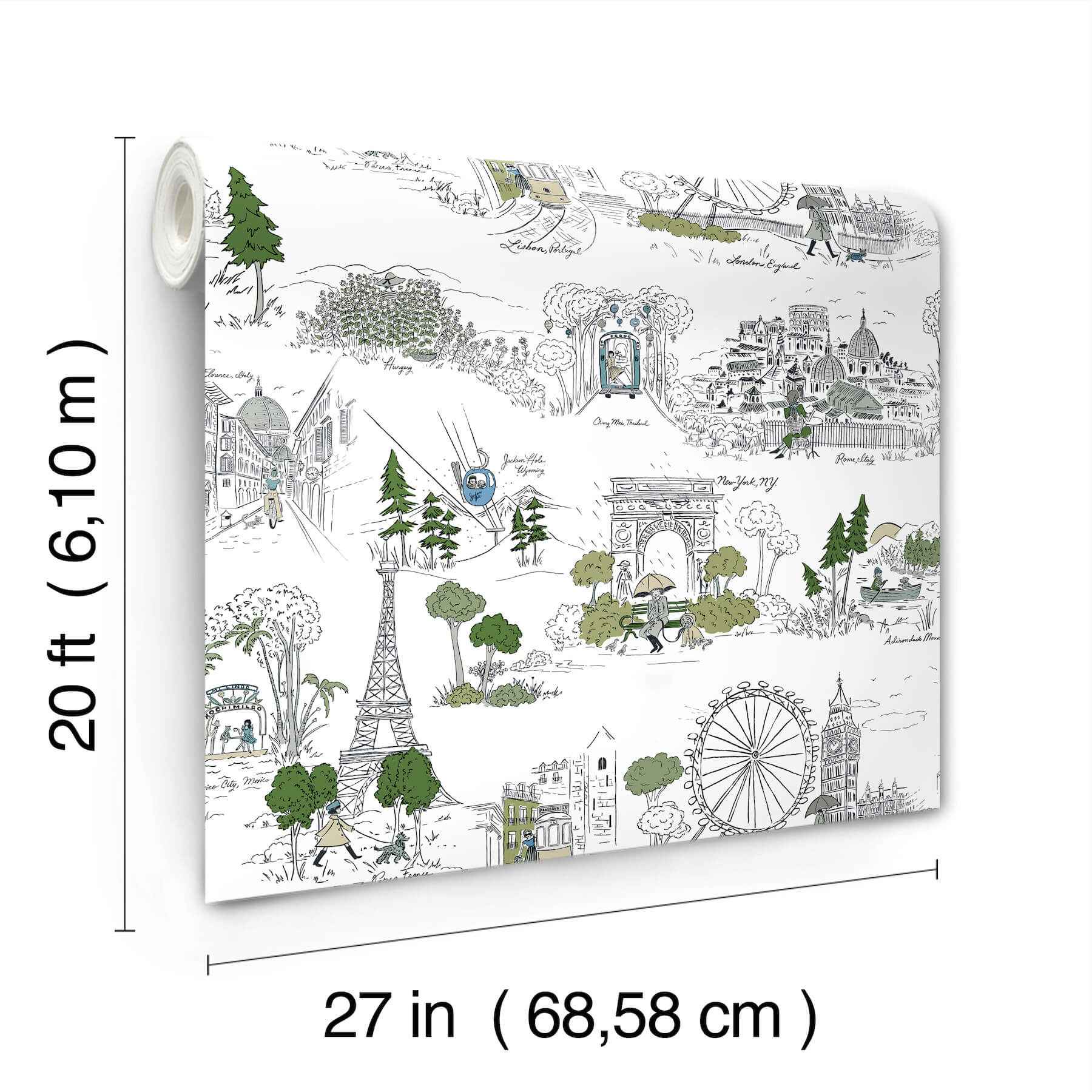 Travel Sketches Blue Globetrotter Premium Peel + Stick Wallpaper - York Wallcoverings - PSW1682RL - York Wallcoverings Papel pintado