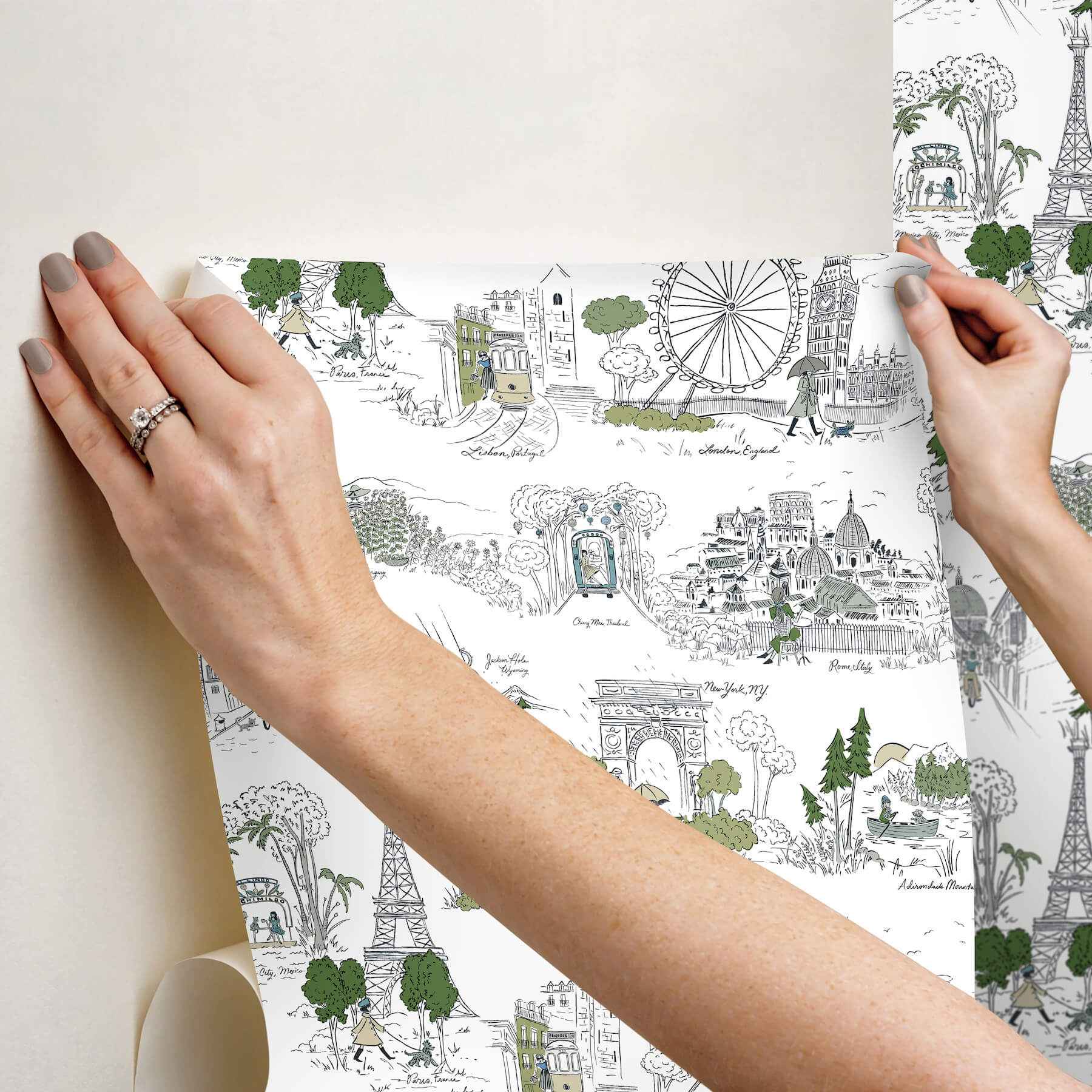 Travel Sketches Blue Globetrotter Premium Peel + Stick Wallpaper - York Wallcoverings - PSW1682RL - York Wallcoverings Papel pintado