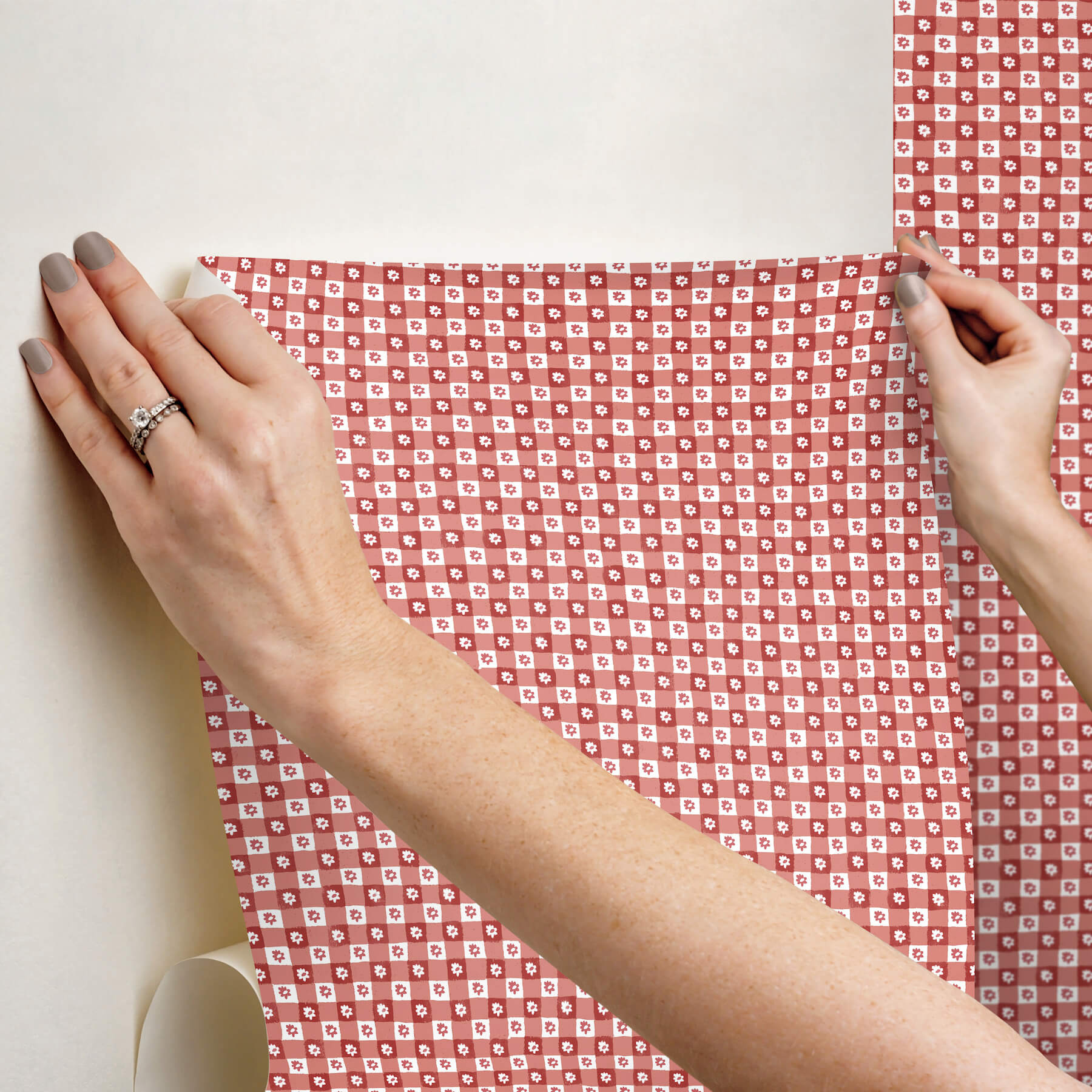 daisy-gingham-red-floral-check-premium-peel-stick-wallpaper-york-wallcoverings-psw1691rl - York Wallcoverings Wallpaper