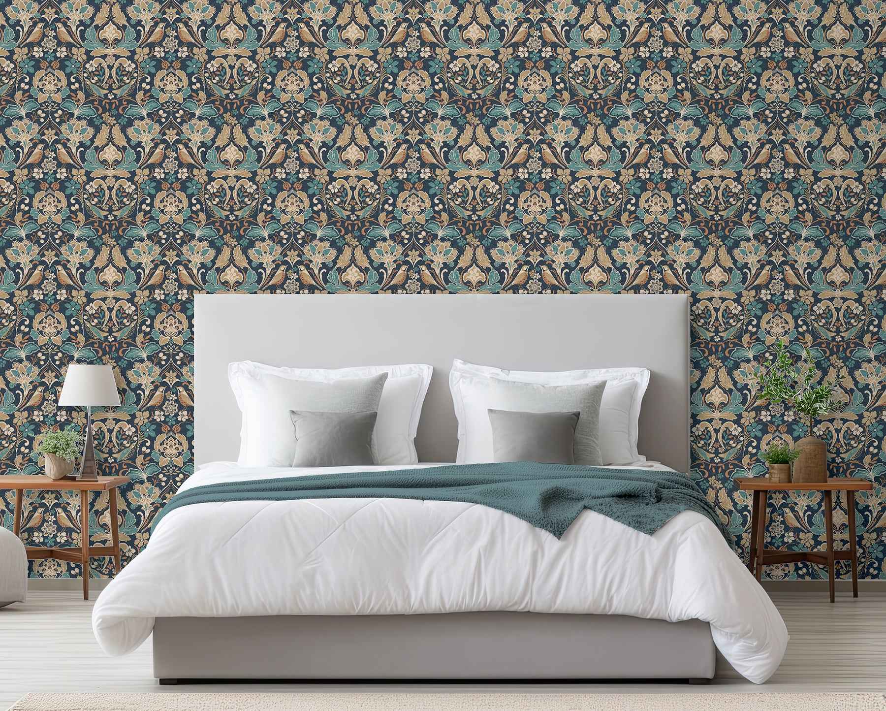 Birdy Navy Nuthatch Floral Wallpaper - York Wallcoverings - AH100197AH - York Wallcoverings Papel pintado
