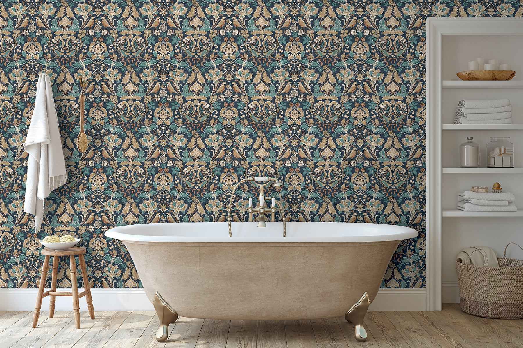 Birdy Navy Nuthatch Floral Wallpaper - York Wallcoverings - AH100197AH - York Wallcoverings Papel pintado