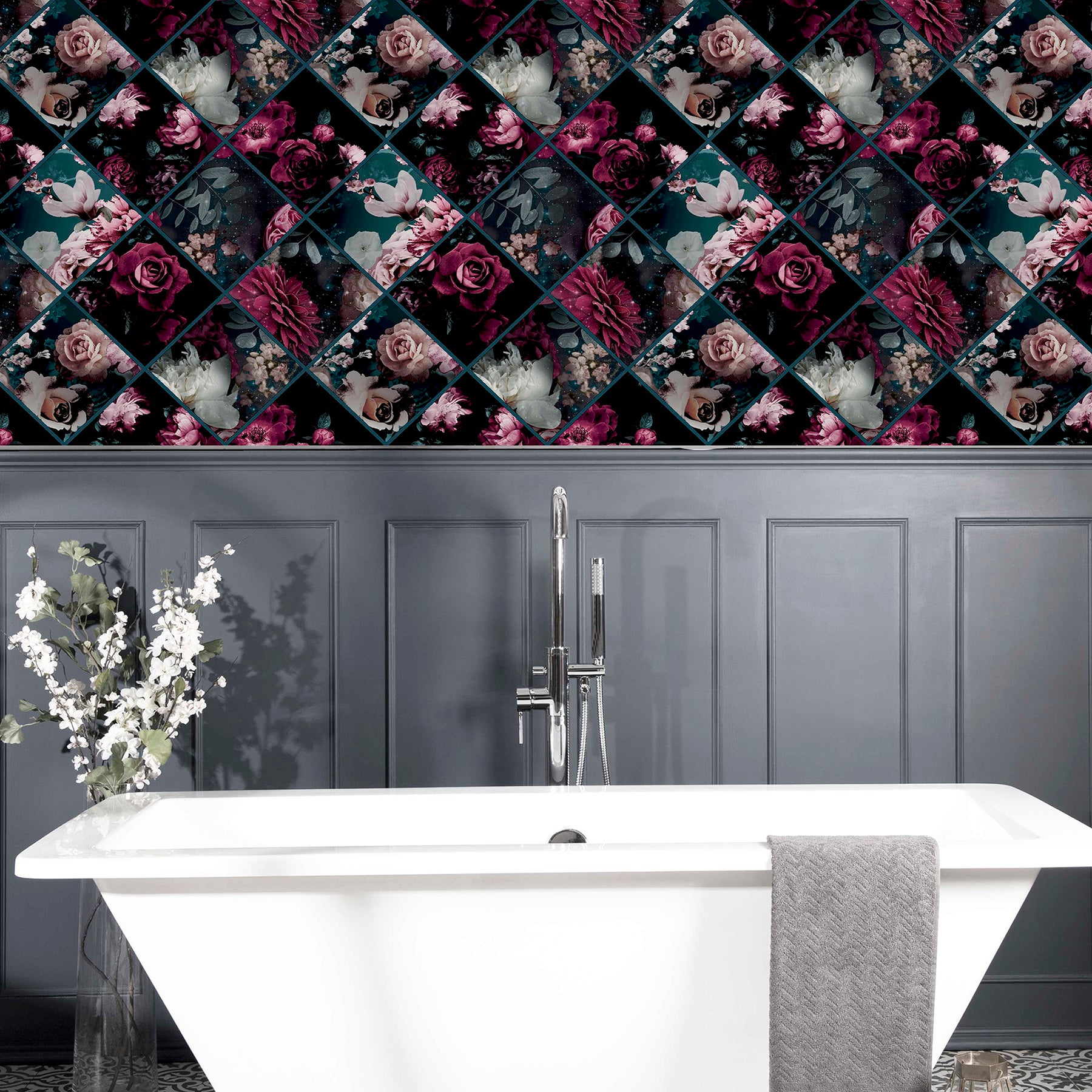 gianna-purple-floral-squares-wallpaper-york-wallcoverings-ah297100 - York Wallcoverings Wallpaper