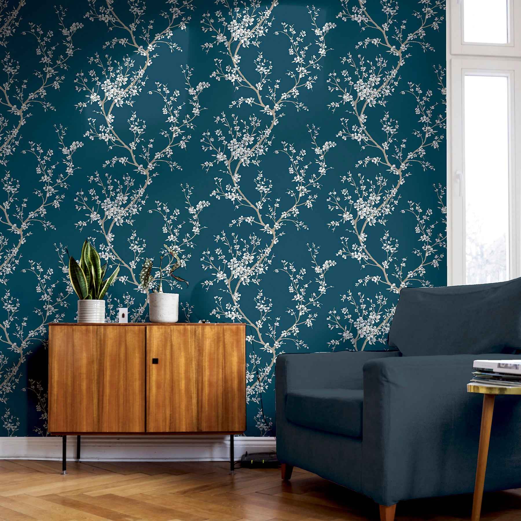 Kaia Blue Flowering Tree Wallpaper - York Wallcoverings - AH692805 - York Wallcoverings Wallpaper