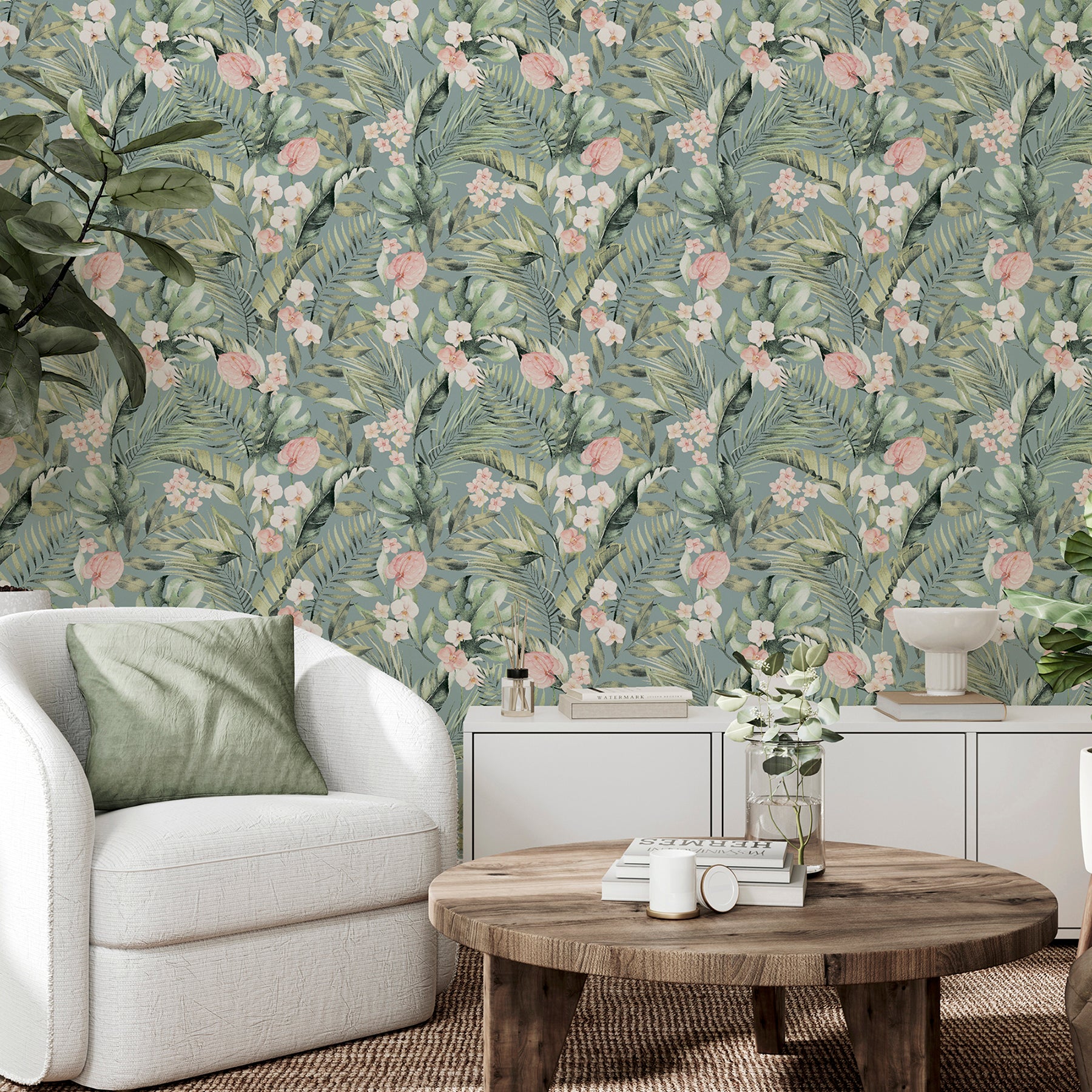 harrietta-sea-green-tropical-floral-wallpaper-york-wallcoverings-ah924905 - York Wallcoverings Wallpaper