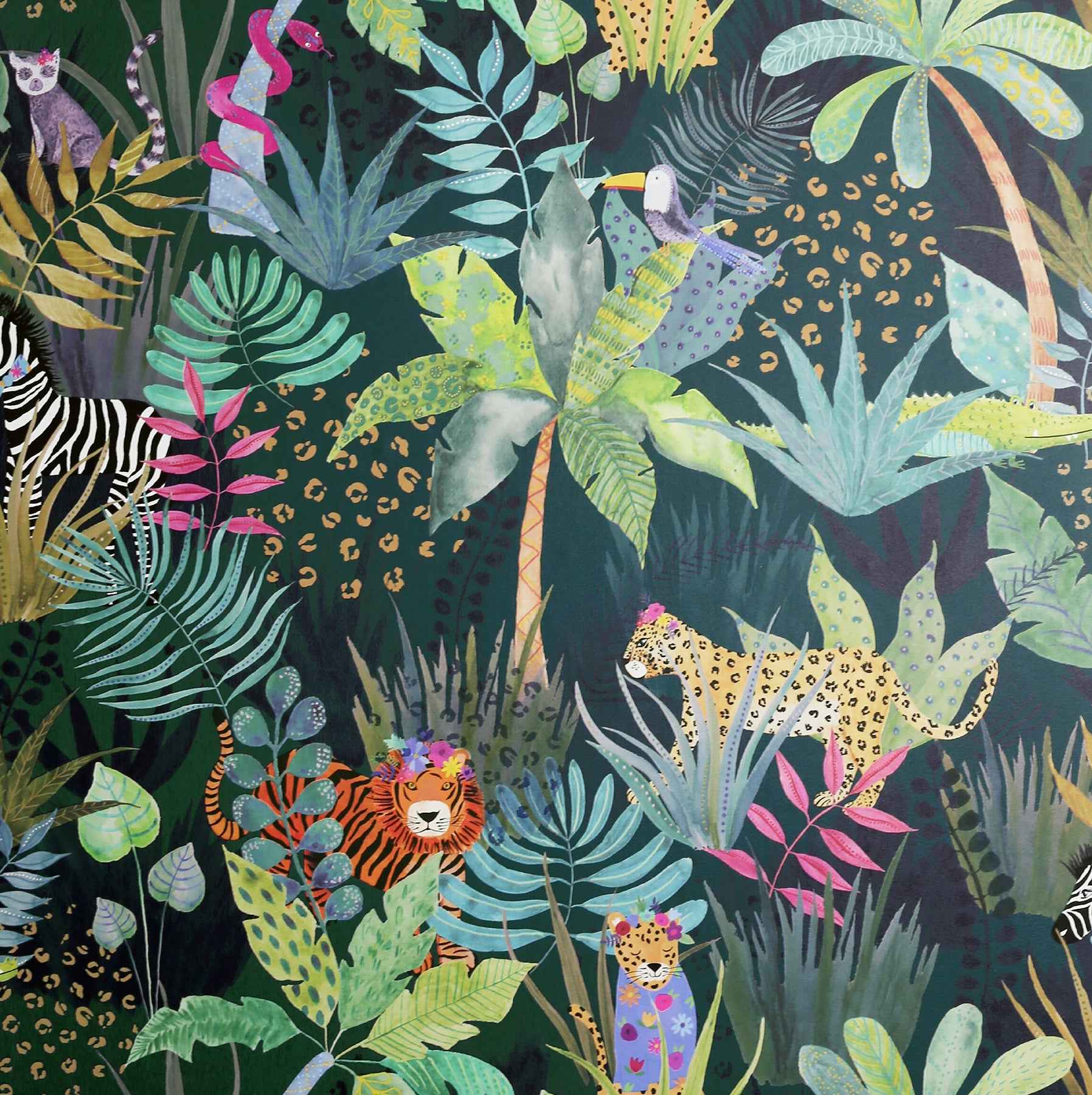Fonda Dark Green Jungle Party Wallpaper - York Wallcoverings - AH925308 - York Wallcoverings Wallpaper