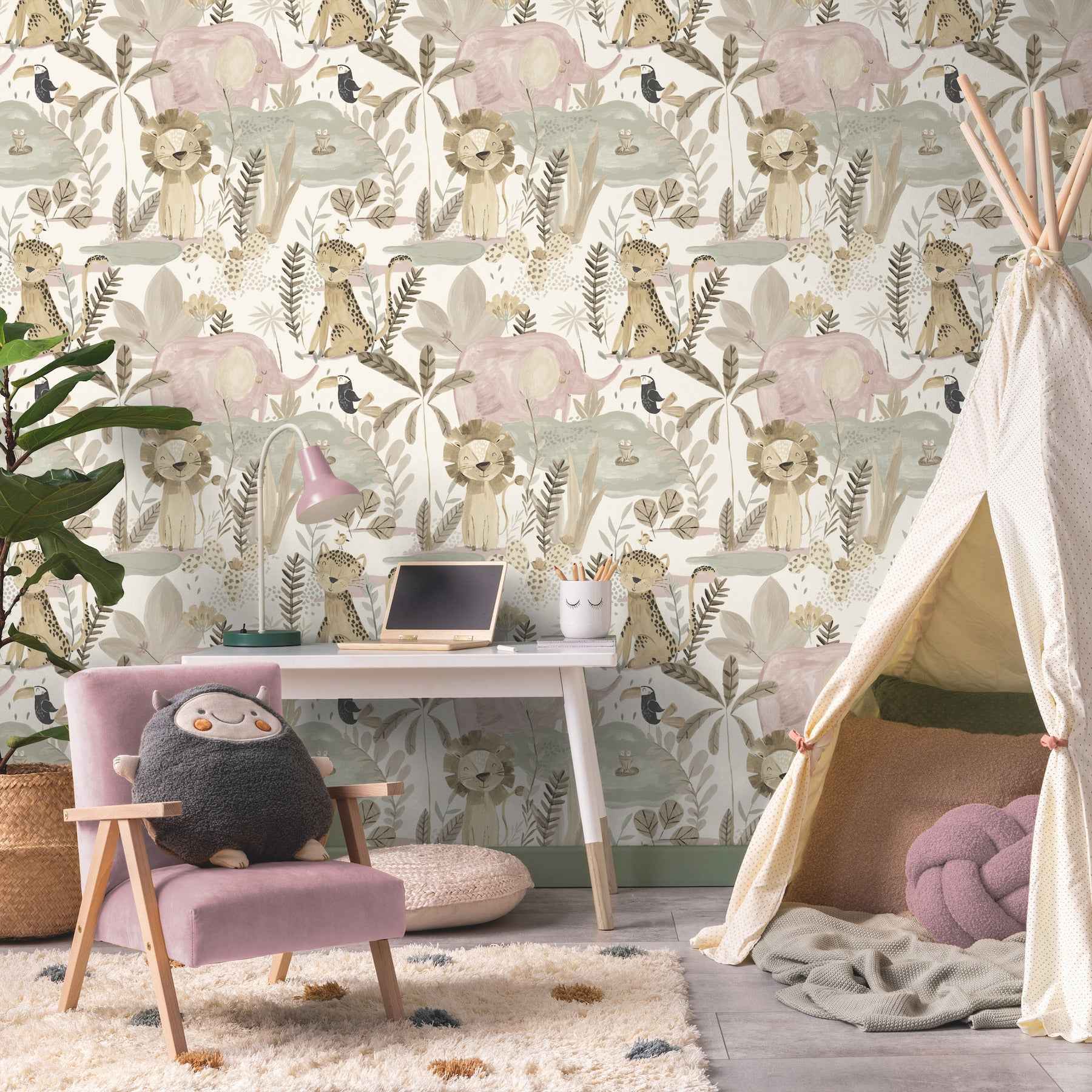 In The Jungle Pink Animal Friends Wallpaper - York Wallcoverings - 4203-27557 - York Wallcoverings Wallpaper