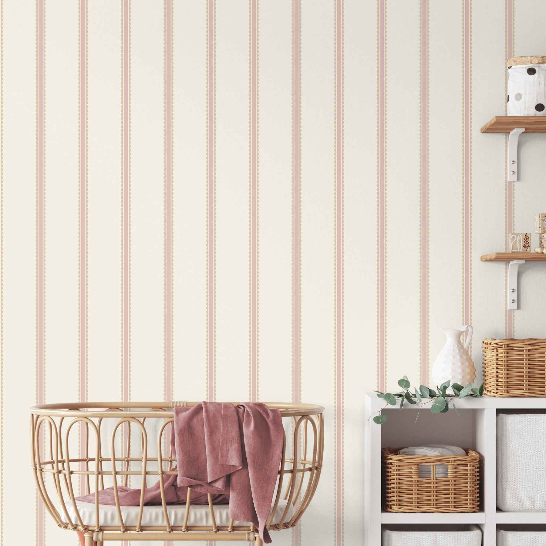 Bobbin Stripe Pink Scalloped Wallpaper - York Wallcoverings - 4203-27576 - York Wallcoverings Wallpaper