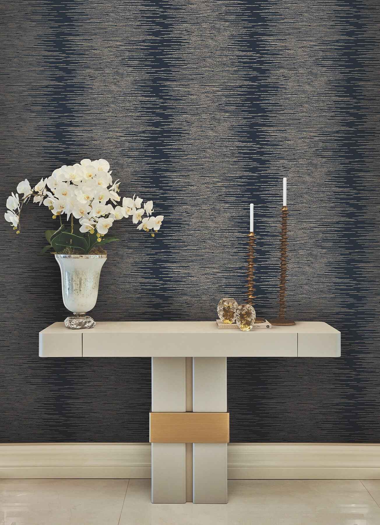 Operetta Navy Metallic Columns Wallpaper - York Wallcoverings - VR1503