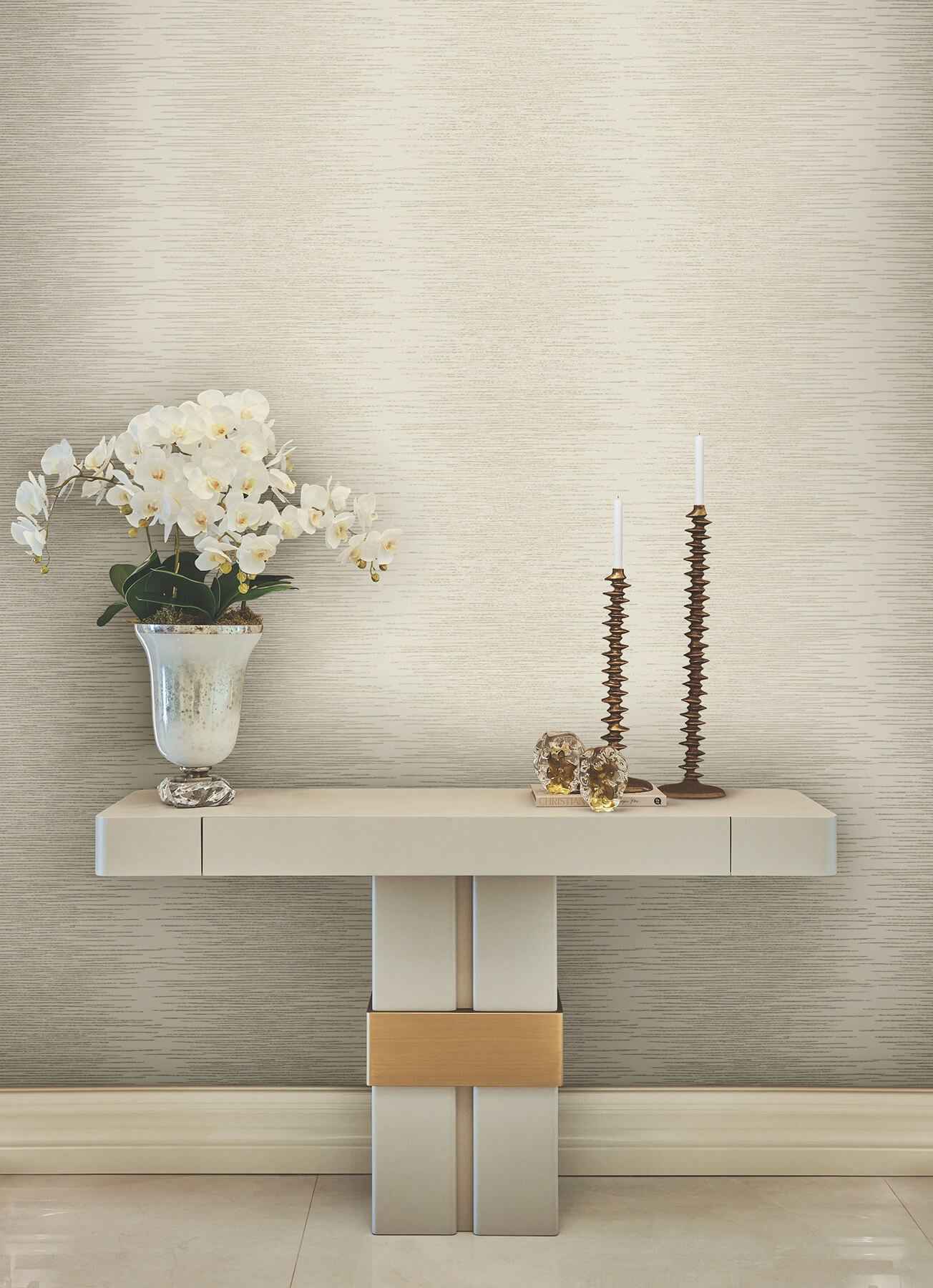 Operetta Ivory Metallic Columns Wallpaper - York Wallcoverings - VR1504