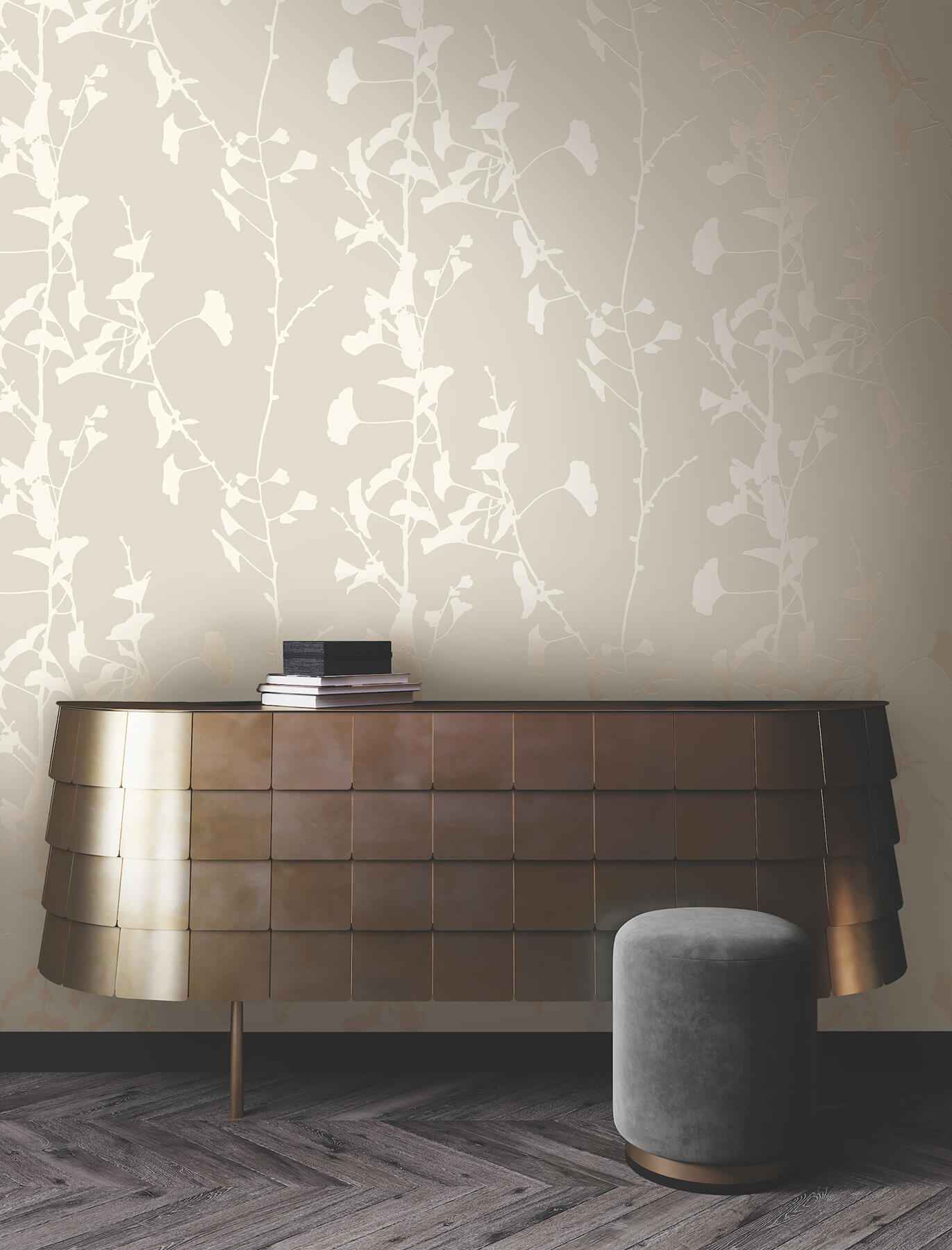 Ginkgo Silhouette Taupe Cork Wallpaper - York Wallcoverings - VR1507