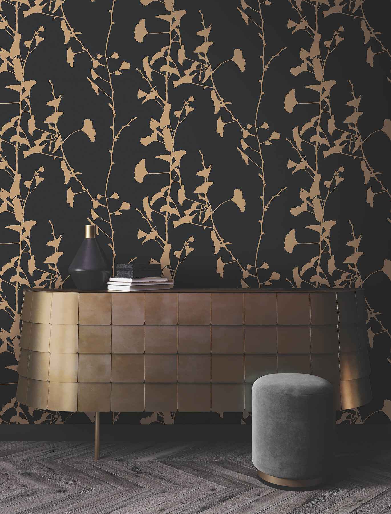 Ginkgo Silhouette Black & Gold Cork Wallpaper - York Wallcoverings - VR1512