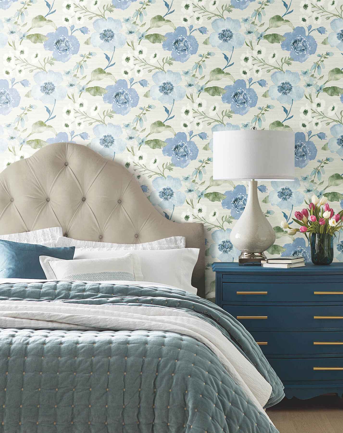 Evelyn Blue Floral Wallpaper - York Wallcoverings - LL3203