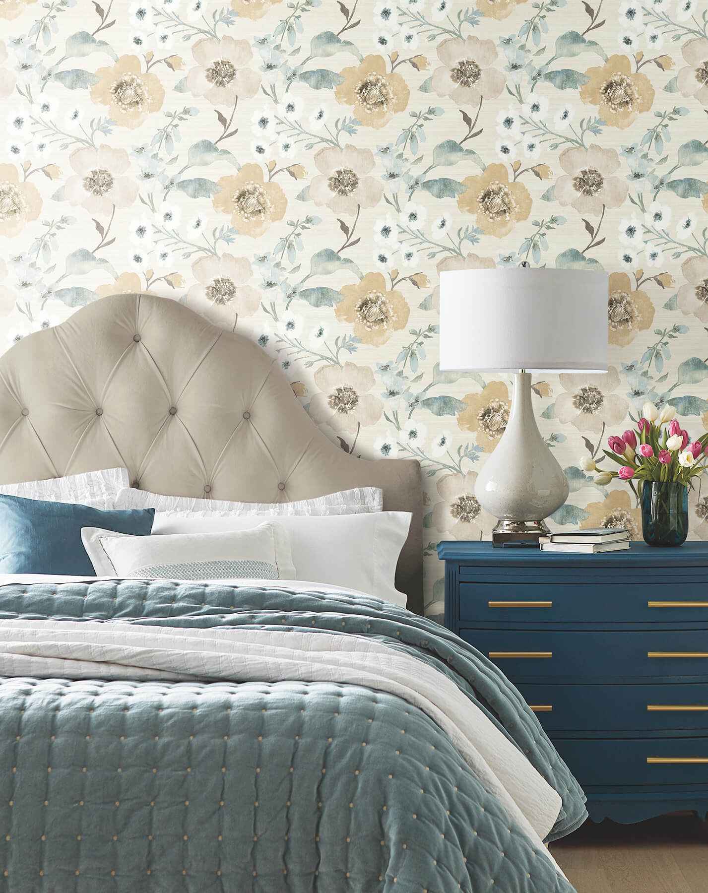 Evelyn Wheat Floral Wallpaper - York Wallcoverings - LL3204