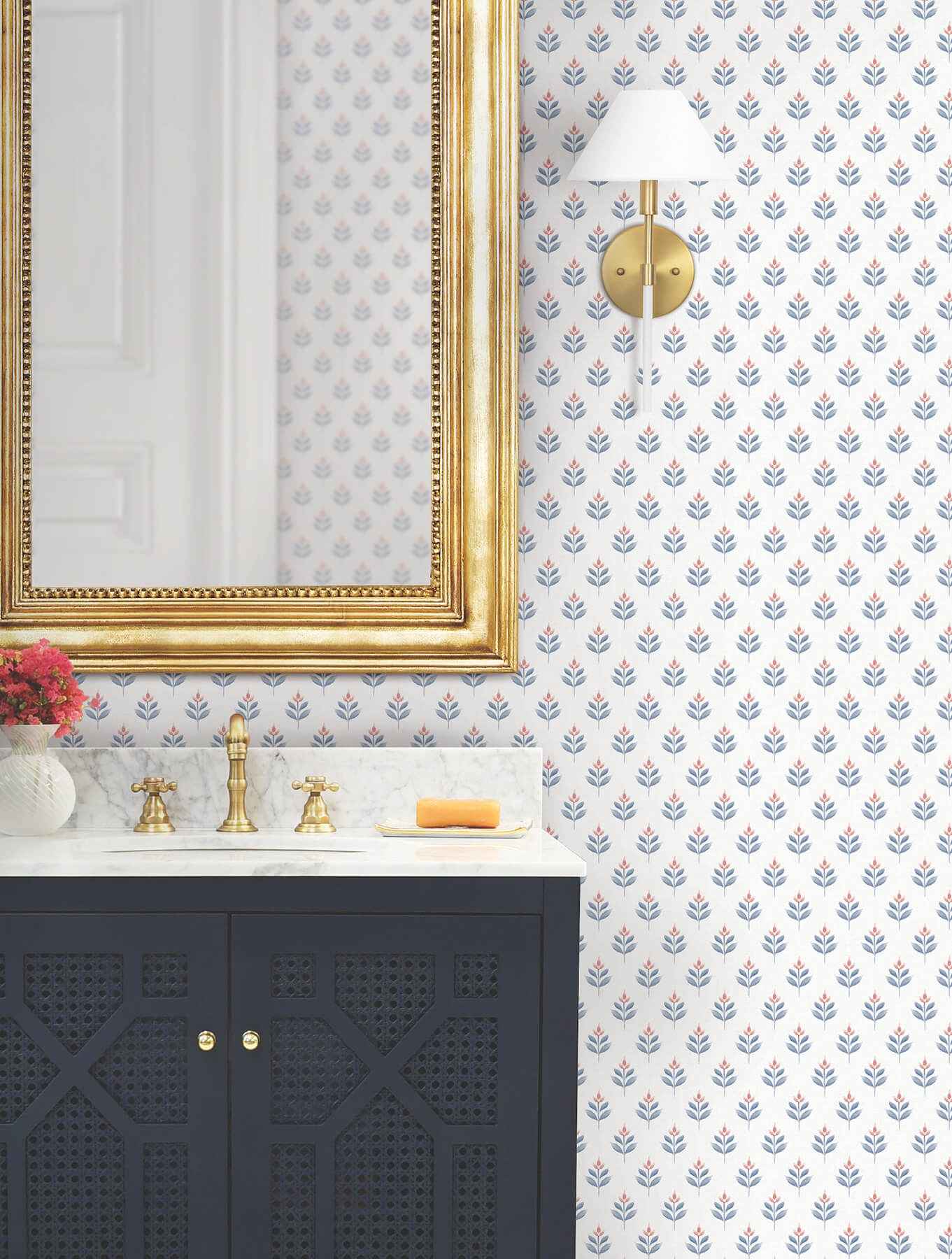 Serene Villa Red Floral Stamp Wallpaper - York Wallcoverings - LL3235