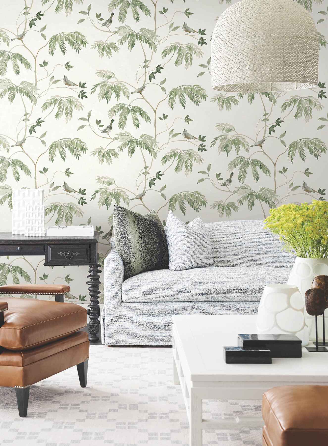 Cillian Dark Green Botanical Bird Trail Wallpaper - York Wallcoverings - LL3251