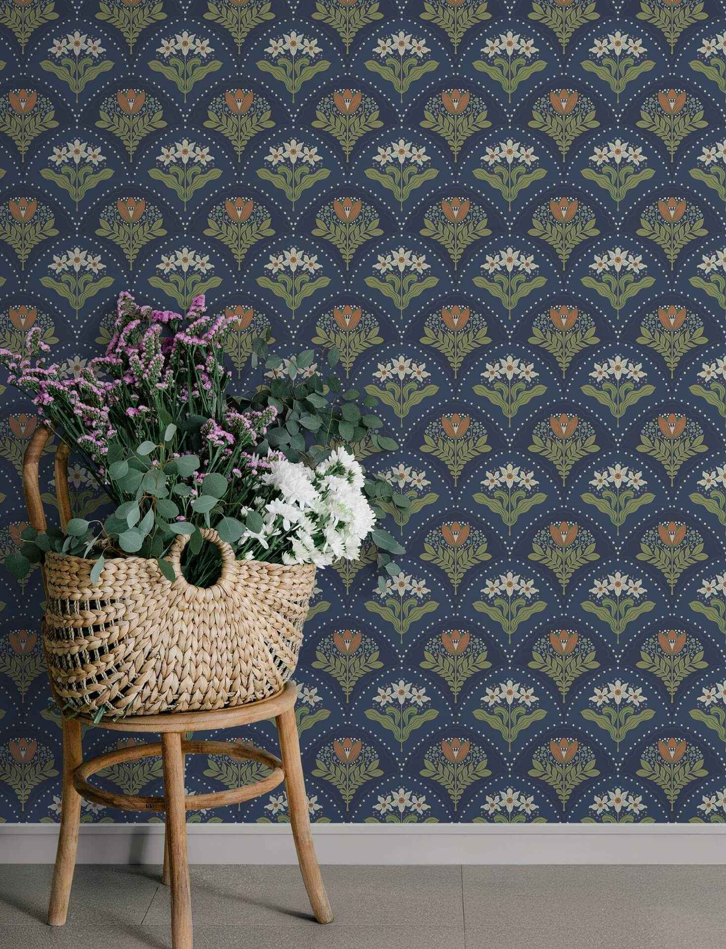 Maj Navy Floral Damask Wallpaper - York Wallcoverings - 4201-48018 - York Wallcoverings Wallpaper