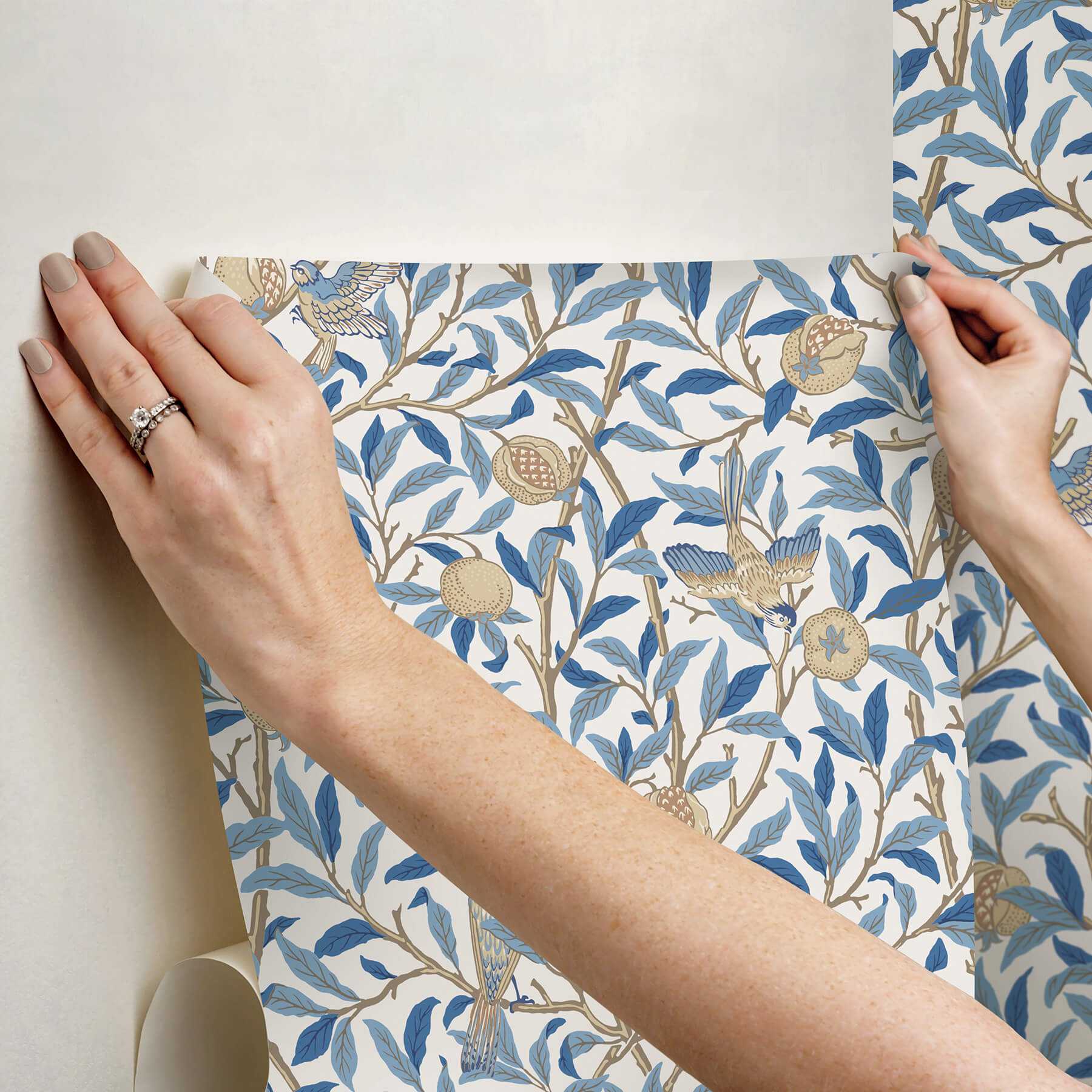 bird-and-pomegranate-woad-peel-and-stick-wallpaper-york-wallcoverings-mcs6591 - York Wallcoverings Wallpaper