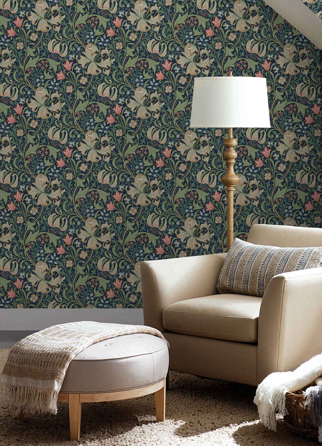 Golden Lily Indigo and Rose Peel and Stick Wallpaper - York Wallcoverings - MCS6602 - York Wallcoverings Wallpaper