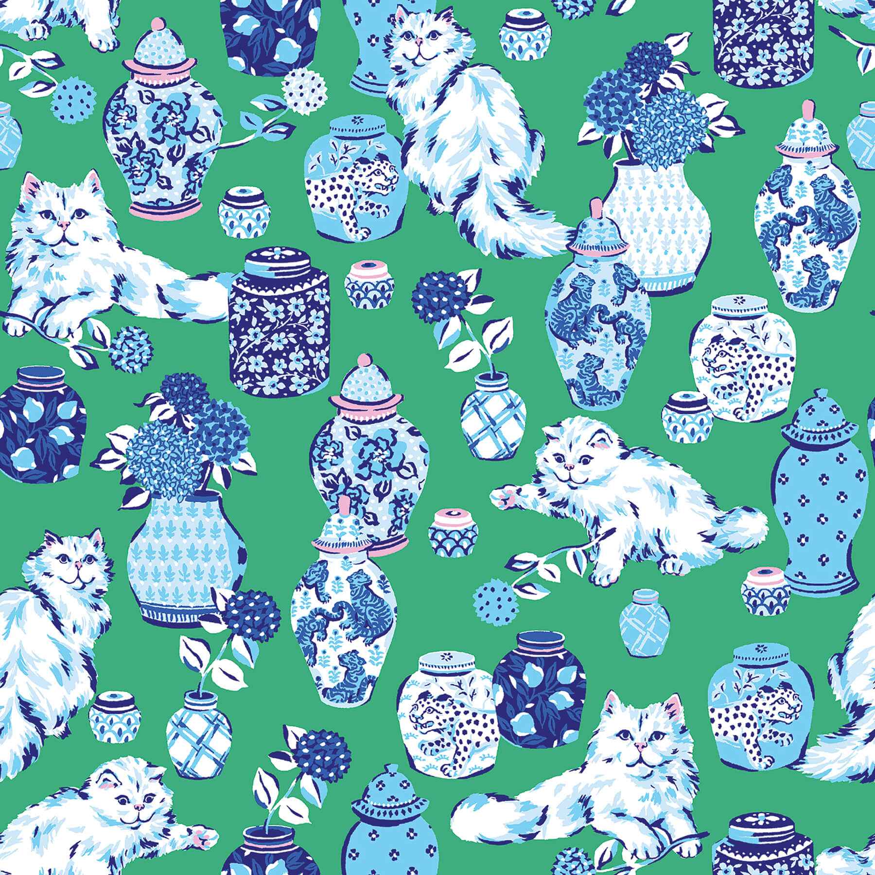 Fancy Cats Green Peel and Stick Wallpaper - York Wallcoverings - PFS6563 - York Wallcoverings Wallpaper