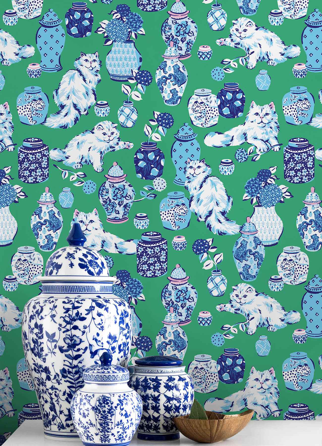 Fancy Cats Green Peel and Stick Wallpaper - York Wallcoverings - PFS6563 - York Wallcoverings Wallpaper