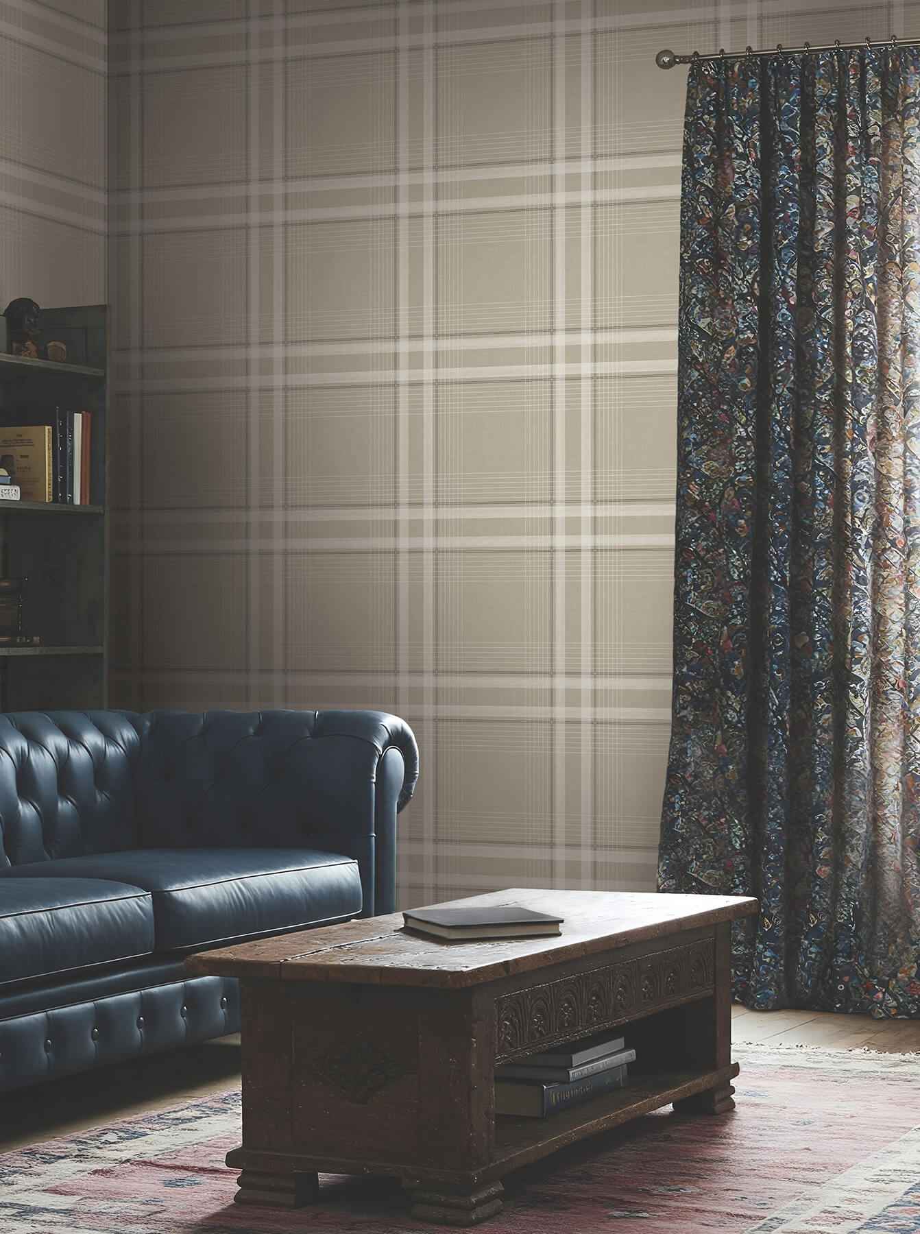 Country Club Plaid Taupe Faux Linen Wallpaper - York Wallcoverings - 4211-83564 - York Wallcoverings Wallpaper