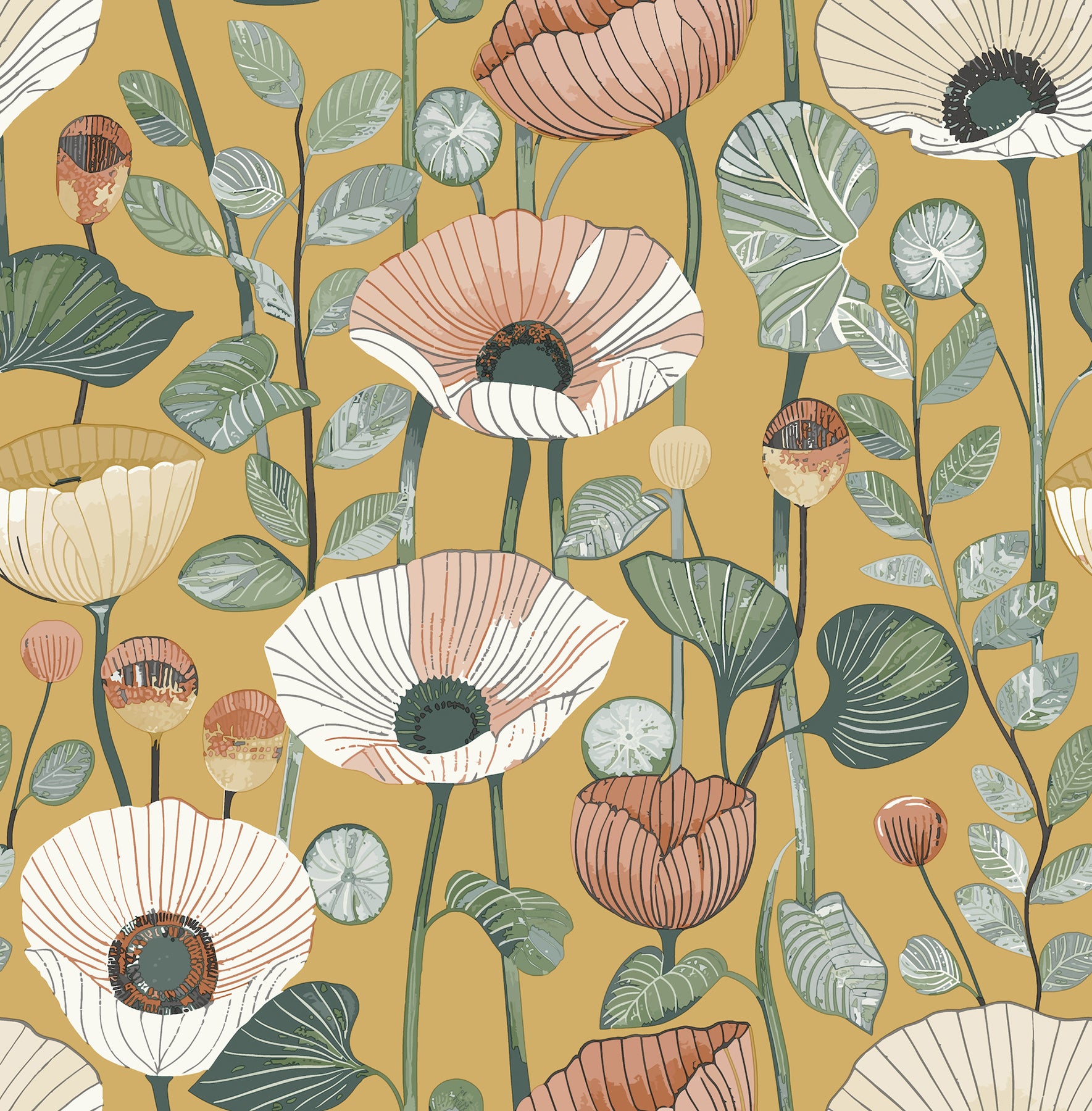 mindra-mustard-floral-trail-wallpaper-york-wallcoverings-4197-27873 - York Wallcoverings Wallpaper