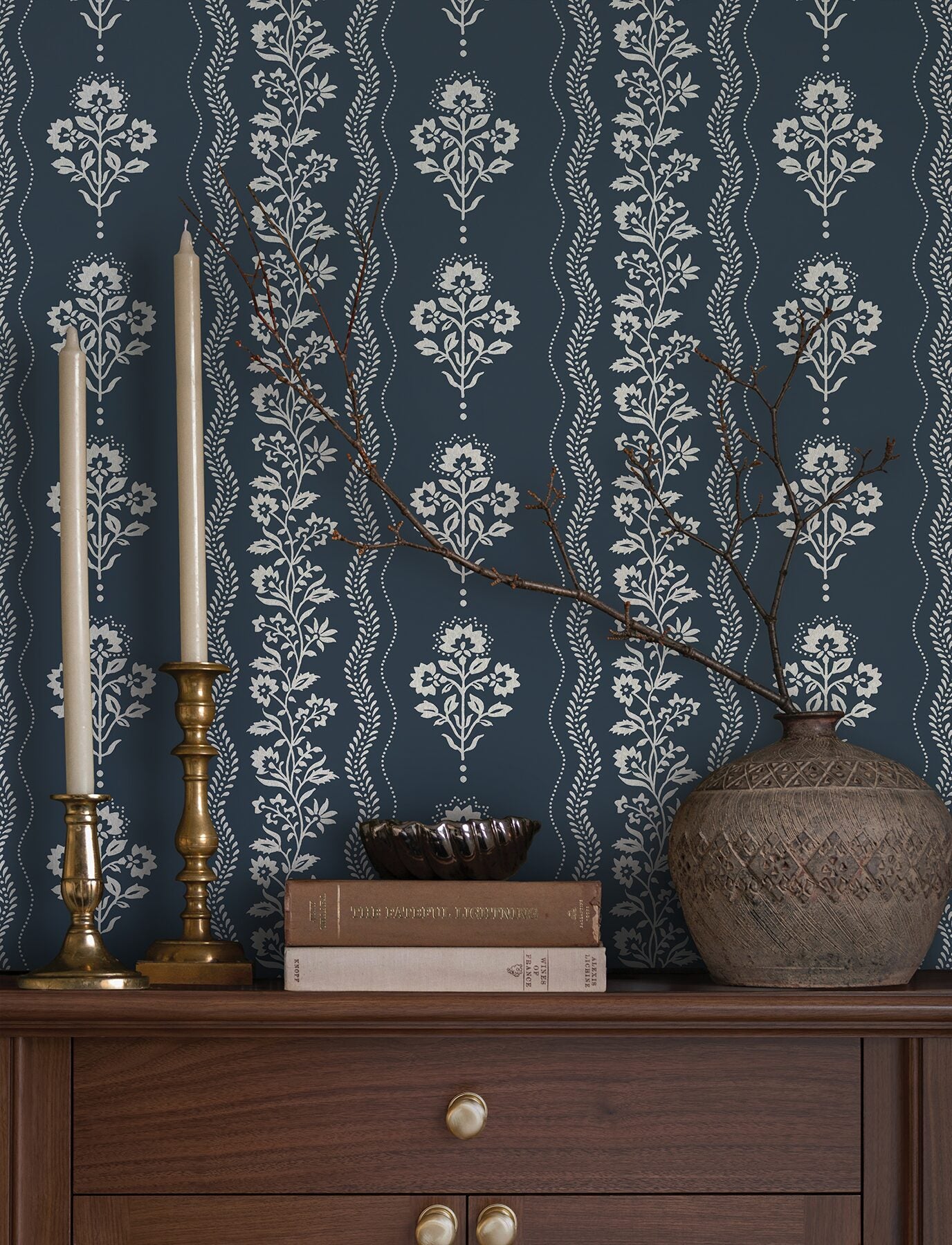 lenea-navy-floral-stripe-wallpaper-york-wallcoverings-4199-83721 - York Wallcoverings Wallpaper