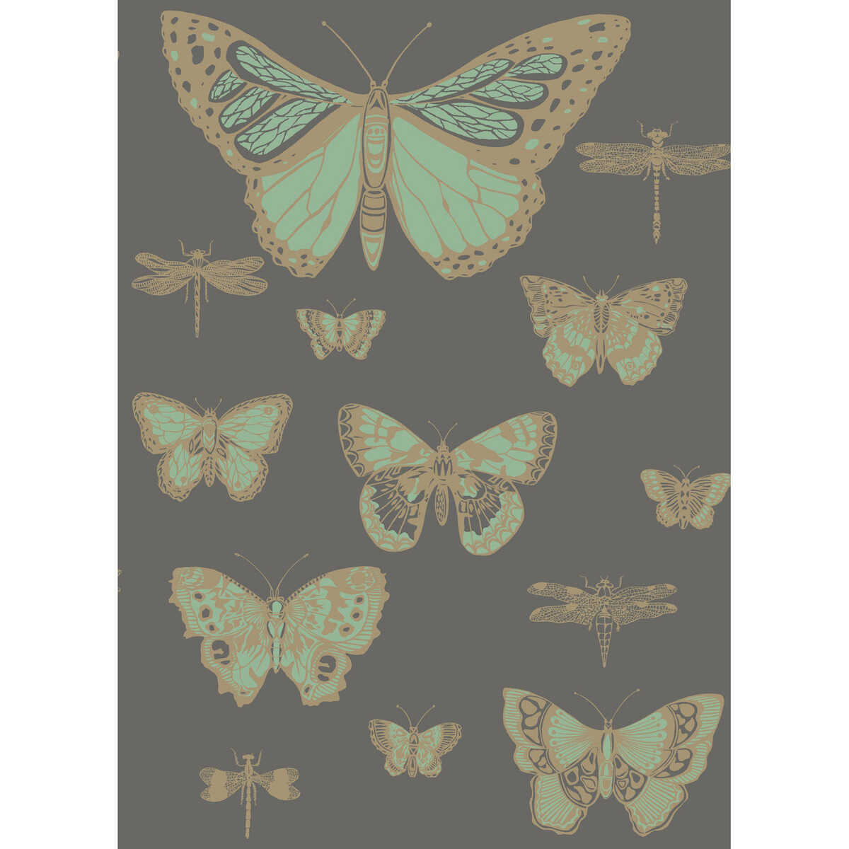 Butterflies & Dragonflies - Green On Char - COLE & SON Papel pintado