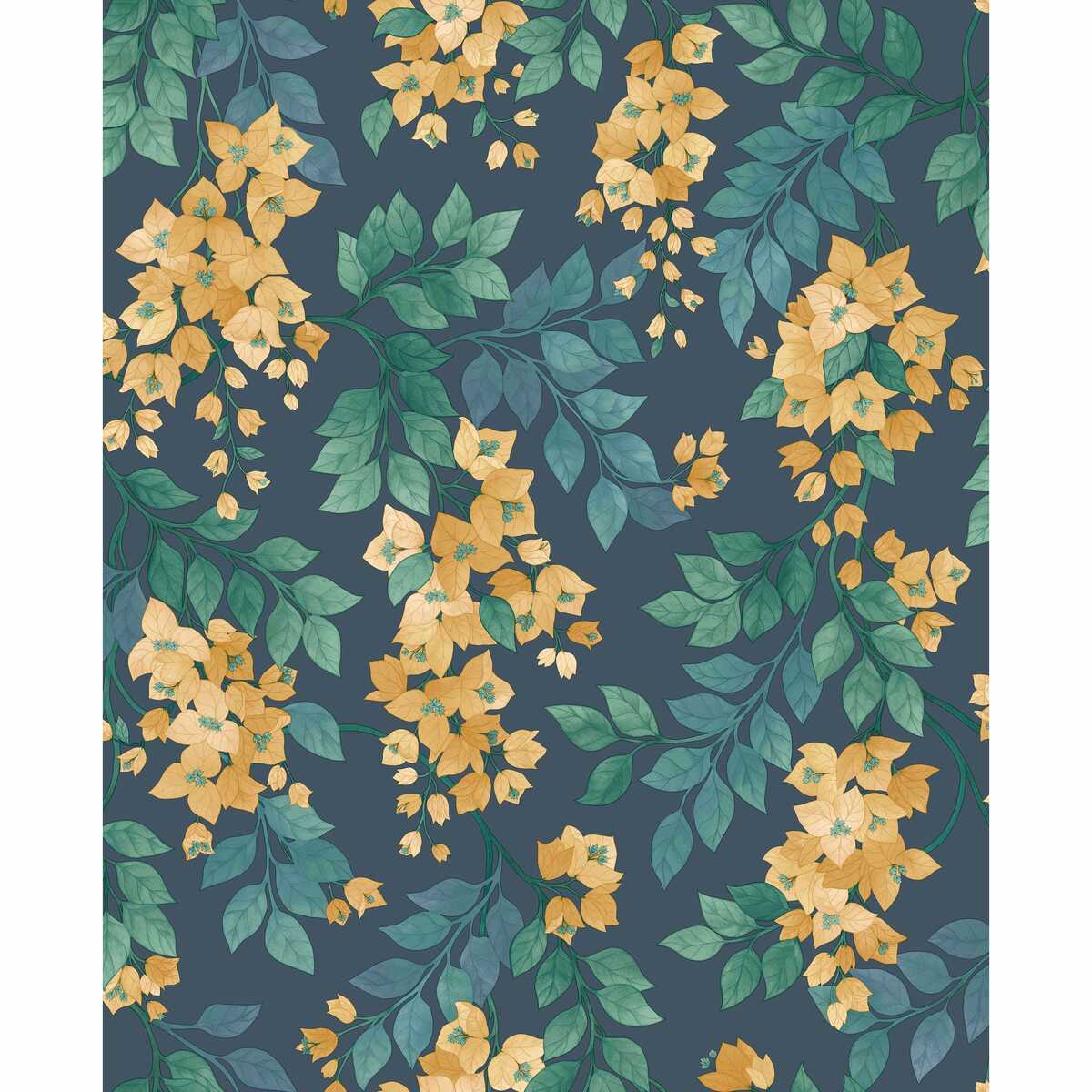 Bougainvillea - Ochre/Viridian/Petrol On Ink - COLE & SON Wallpaper