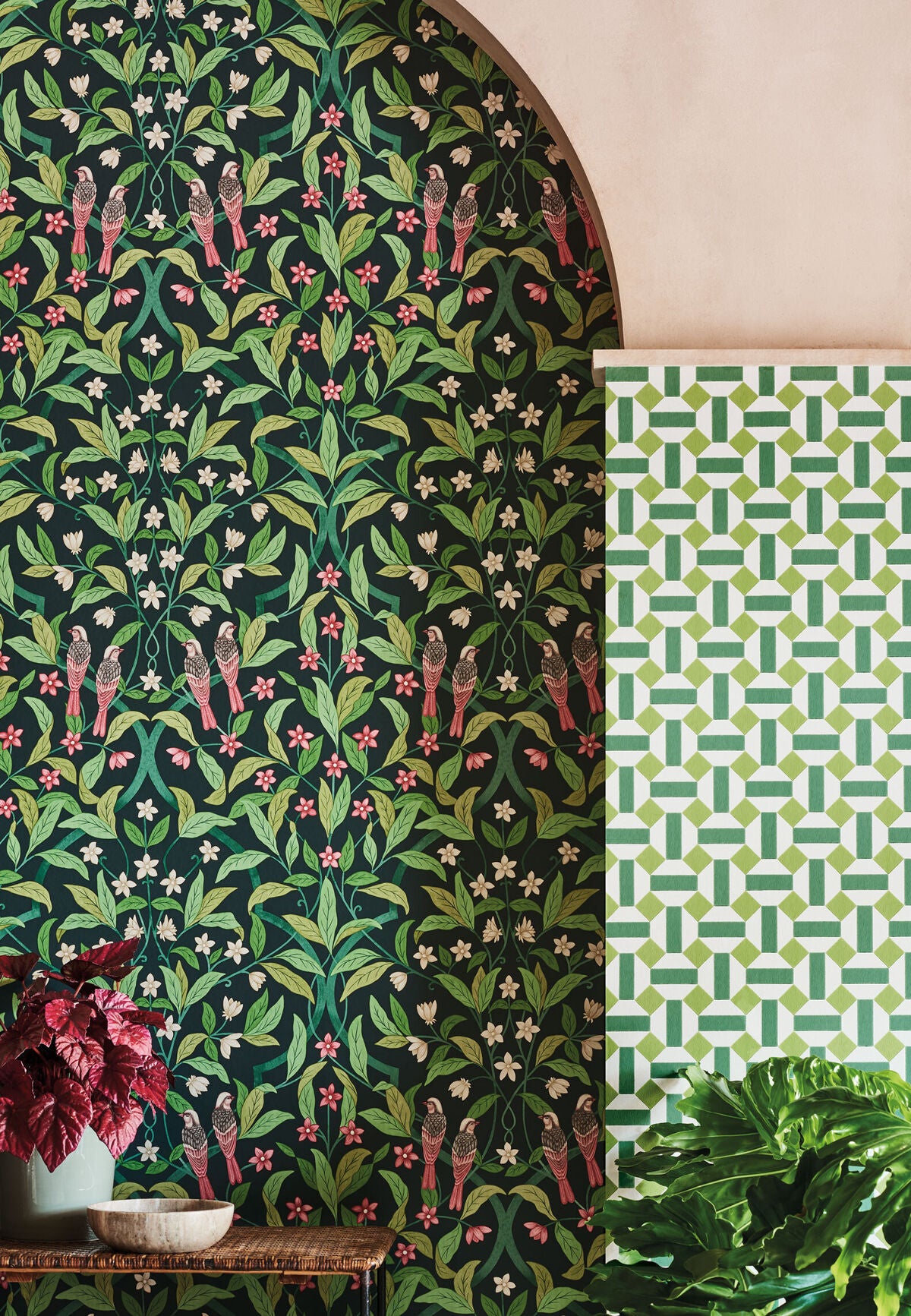 Jasmine & Serin Symphony - Rose/Grn/Viridian - Cole & Son Wallpaper