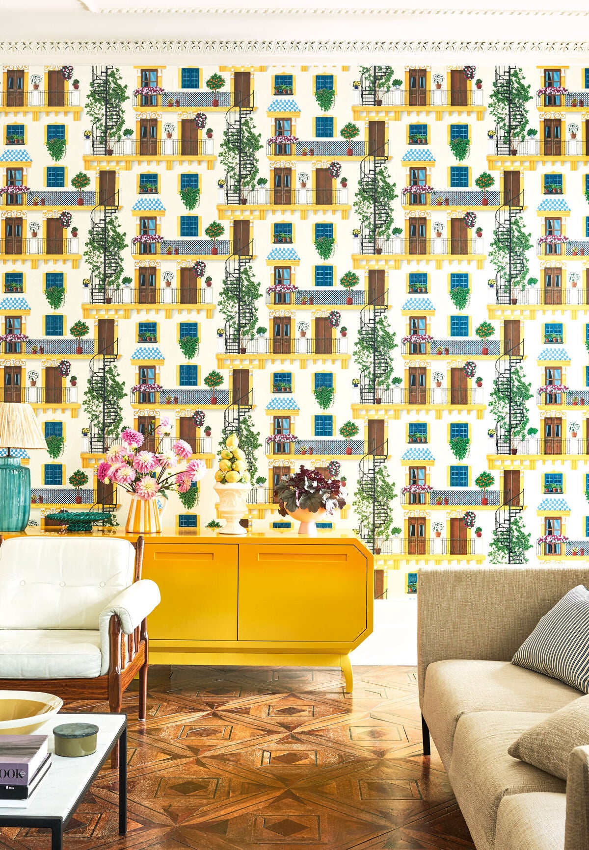 Alfaro - Canary Yellow & Petrol On Parchment - Cole & Son Wallpaper