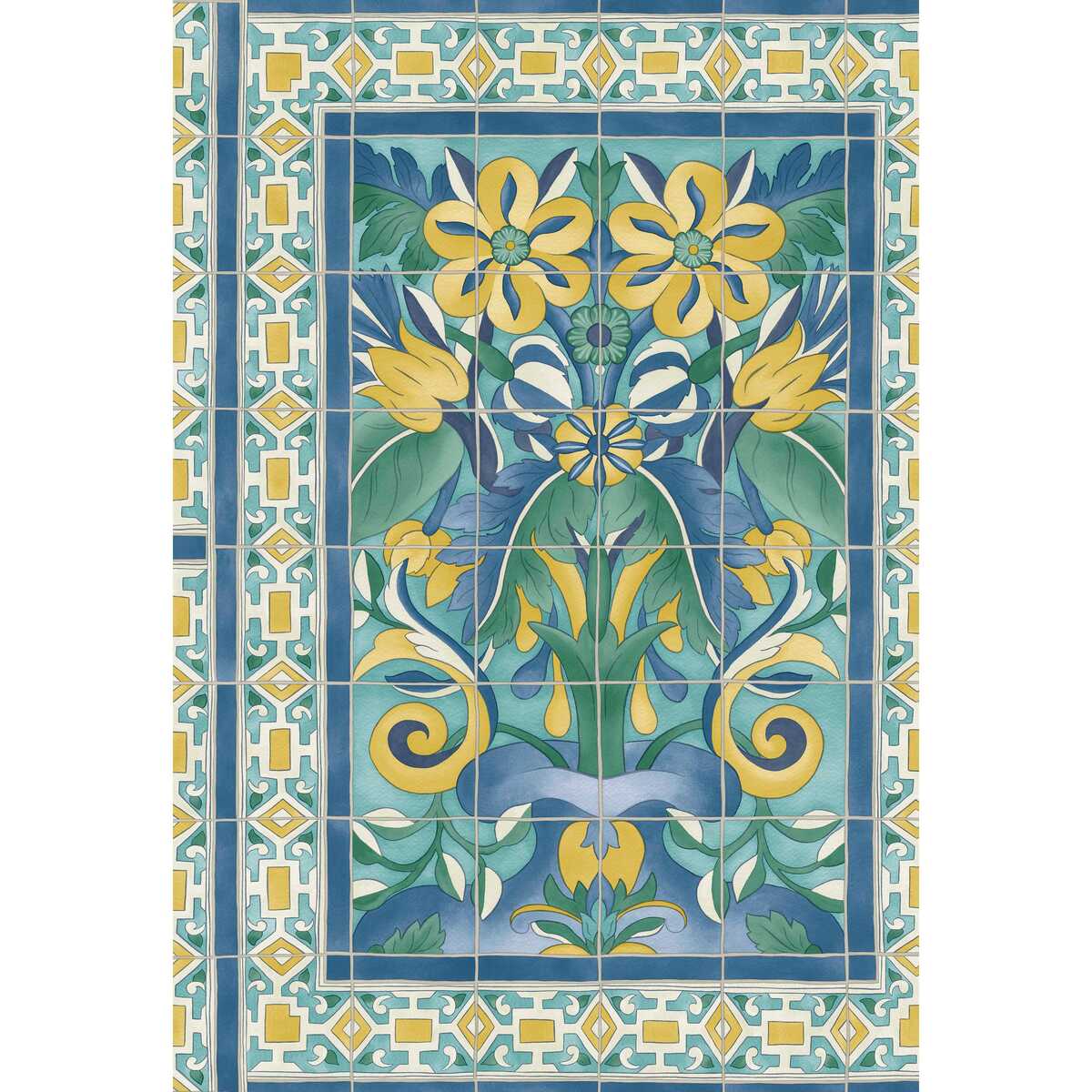 Triana - Canary Yellow & China Blue On Teal - COLE & SON Wallpaper