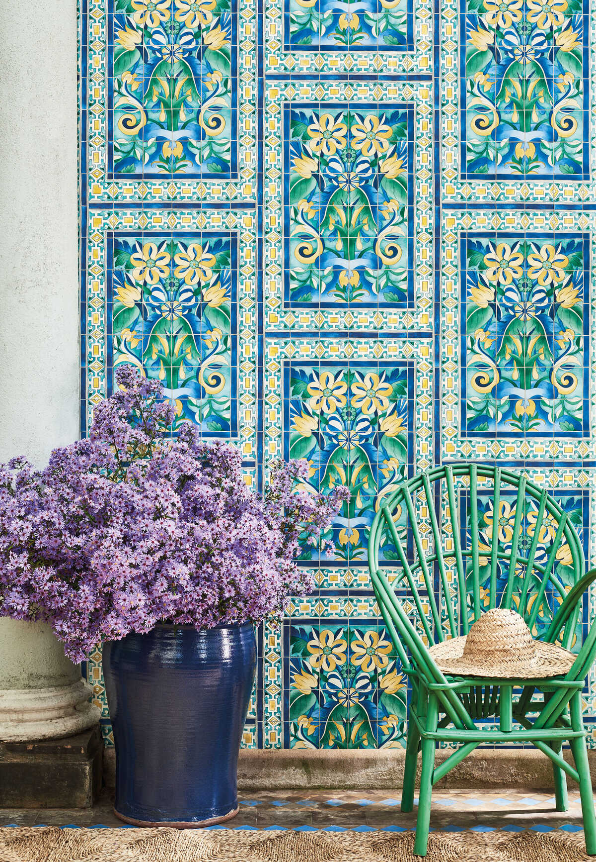 Triana - Canary Yellow & China Blue On Teal - COLE & SON Wallpaper