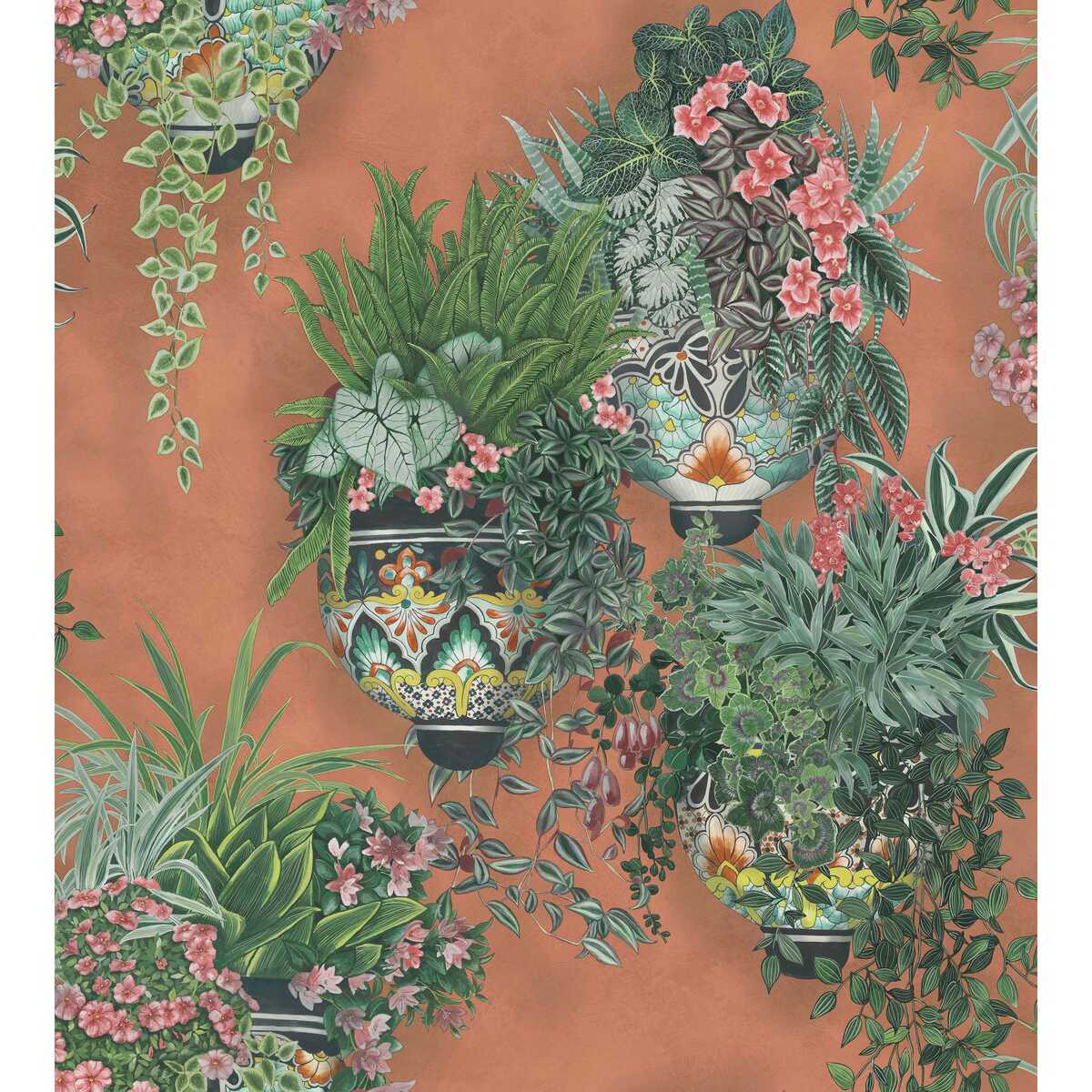 Talavera Wp - Rose & Spring Green On Terracotta - COLE & SON Wallpaper