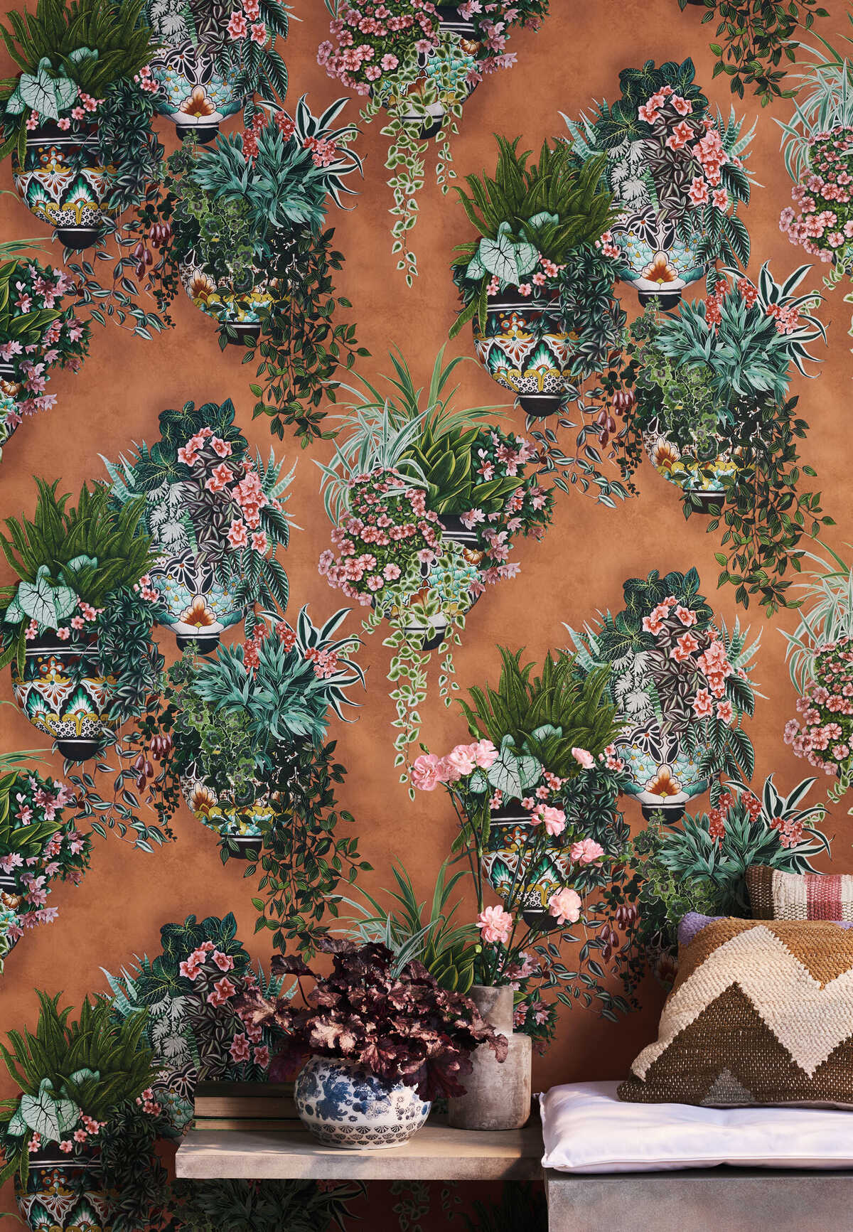 Talavera Wp - Rose & Spring Green On Terracotta - COLE & SON Wallpaper