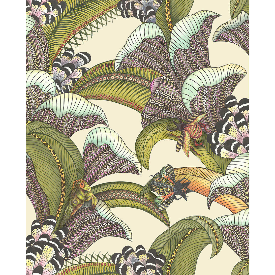 Hoopoe Leaves - Olive/Chart/Fuchsia On Cream - COLE & SON Wallpaper