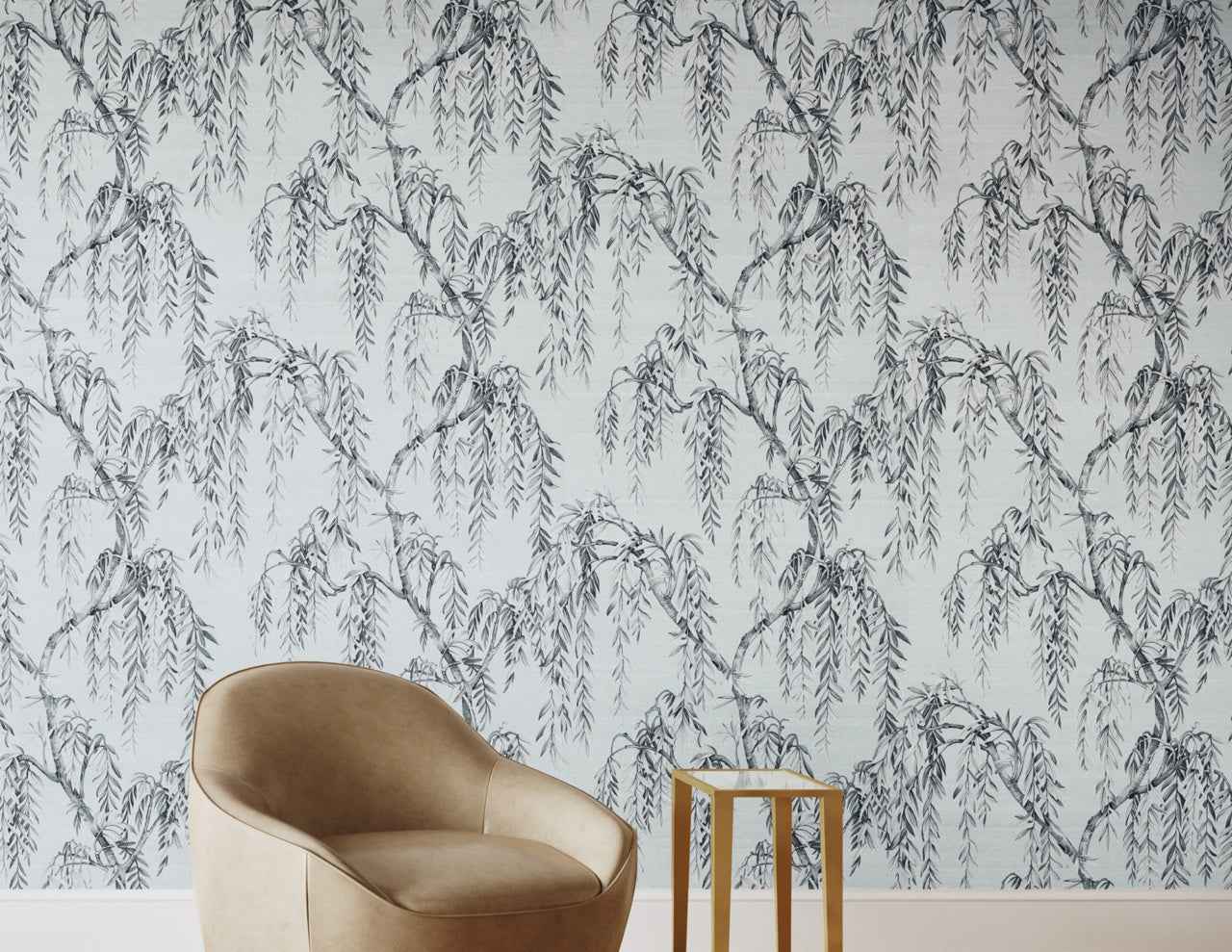 Whispering Willows Silver Silhouettes on Star Dust Silk - Phillip Jeffries 27804 - Phillip Jeffries Wallpaper Wallpaper